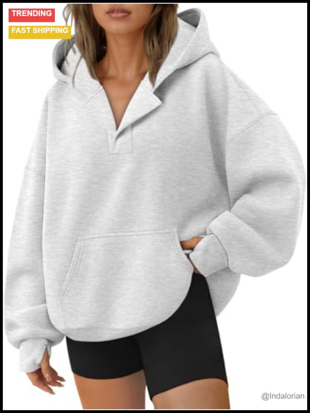 Oversized Fleece V-Neck Hoodie Pullover Sweatshirt for Women Long Sleeve